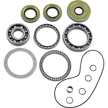 The Can Am Differential Bearing Seal Kit Front by Moose Offroad includes EMQ bearings, metal rings, rubber seals, and a black multi-hole gasket—all neatly displayed on a white background.