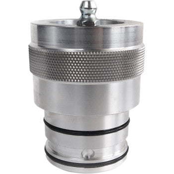 Close-up of a silver EZ Bearing Greaser Wheel Front & Rear 39 mm by Epi, featuring a knurled grip, two black O-rings, and rounded tip—an essential grease gun accessory for maintaining Can Am wheel bearings.
