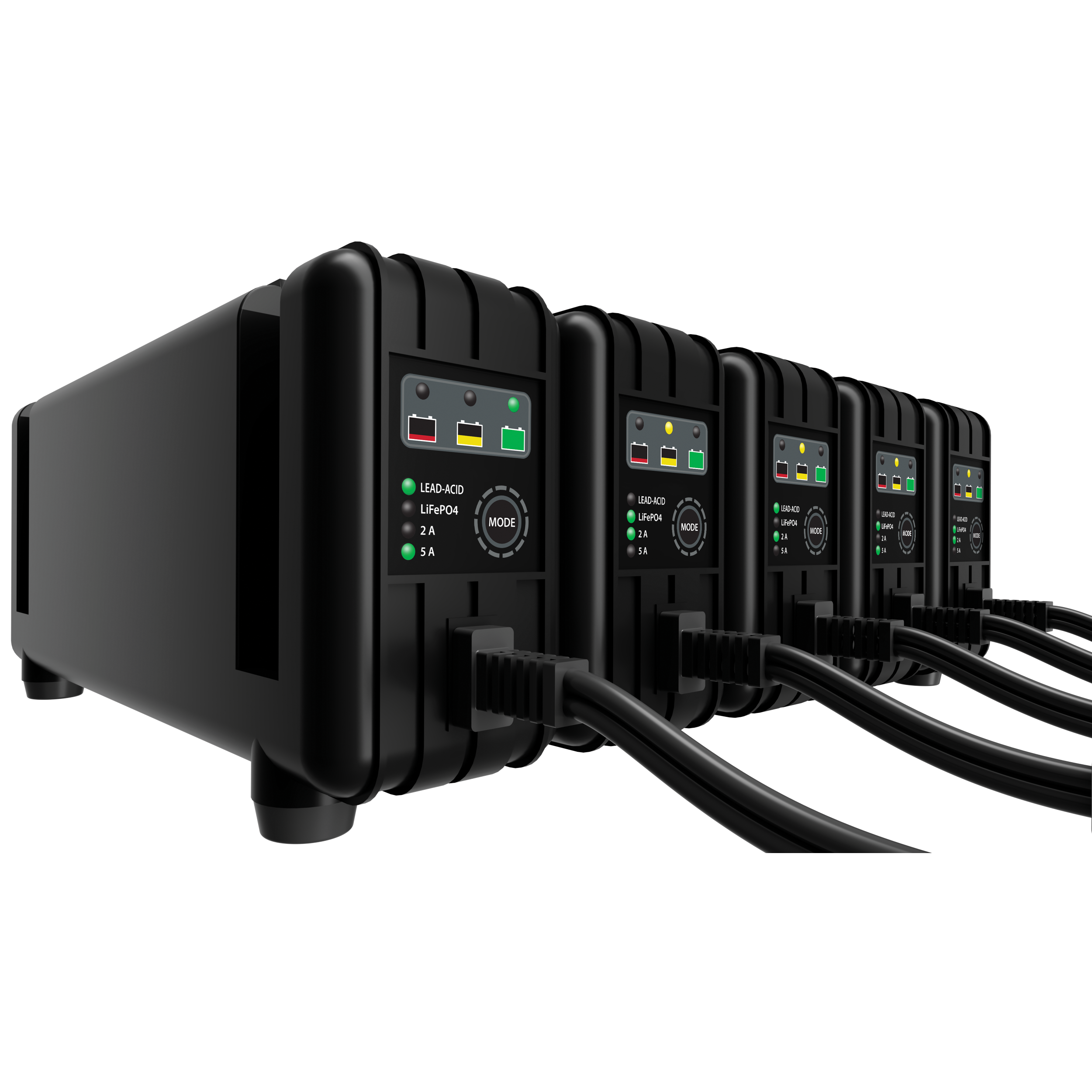 Five Fire Power 5 Bank Battery Charger 12V 2A/5A units with indicator lights and mode buttons are lined up; their rugged, ribbed design supports both lead-acid and lithium batteries.