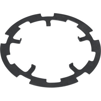 The Polaris Armature Plate 5 Tab by Moose Offroad is a black, circular metal retaining ring with five inner tabs, designed to secure components in the sprague carrier of Polaris ATV mechanical assemblies.