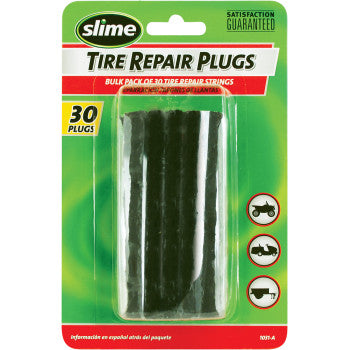 The Repair Plugs Tire Black 30 Pack by Slime comes in a green blister pack with 30 plugs for tubeless off-road tires. Icons indicate use for lawn mowers, ATVs, wheelbarrows, and trailers. Package states "Satisfaction Guaranteed.
