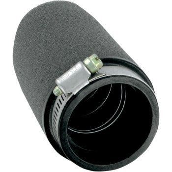 The Pod Air Filter Black Centered by Uni Filter is a cylindrical, seamless foam filter with a black exterior, urethane mounting base, and metal clamp—ideal for automotive or small engine use.