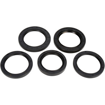 Five black rubber seals of different diameters from the Kawasaki - Suzuki Differential Seal Kit Rear by Moose Offroad are arranged in two rows on a white background, perfect for use in rear differential service.