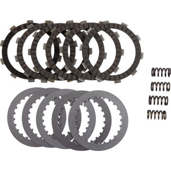 The Honda Clutch Kit by EBC includes six textured friction plates, five steel plates, and five small clutch springs, all arranged neatly on a white background.
