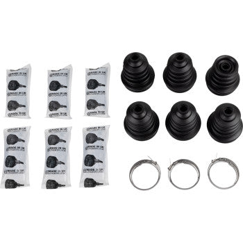 Six black rubber CV boots in varying sizes, six grease packets, and four silver metal clamps arranged on a white background.