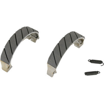 The image displays two Ebc Brake Shoes with diagonal grooves and durable linings, accompanied by two small black metal springs, all set against a plain white background.