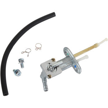 The Kawasaki Petcock Fuel Kit by All Balls includes an OE replacement metal fuel valve with lever, a black rubber fuel line, two metal hose clamps, and two screws, displayed on a white background.