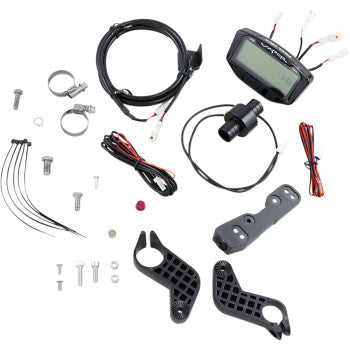 The Trail Tech Vapor Speedometer Tachometer Computer, along with its waterproof LCD display, cables, mounting brackets, screws, zip ties, and connectors, is displayed on a plain white background.