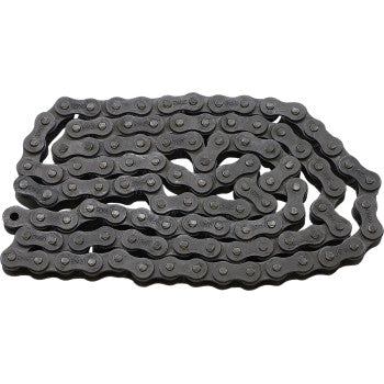 The 420 Standard Non Sealed Chain by Ek, featuring 104 interlocking metal links and a visible master link, is displayed against a plain white background.