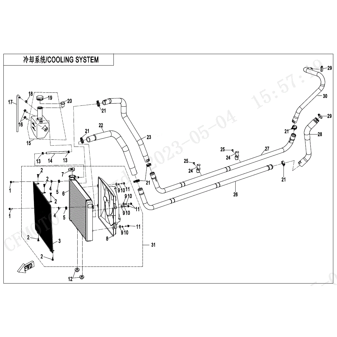 An Image of a Genuine CFMOTO Parts Schematic Diagram showing the schematic - COOLING SYSTEM - 2025 CFMOTO UFORCE 1000