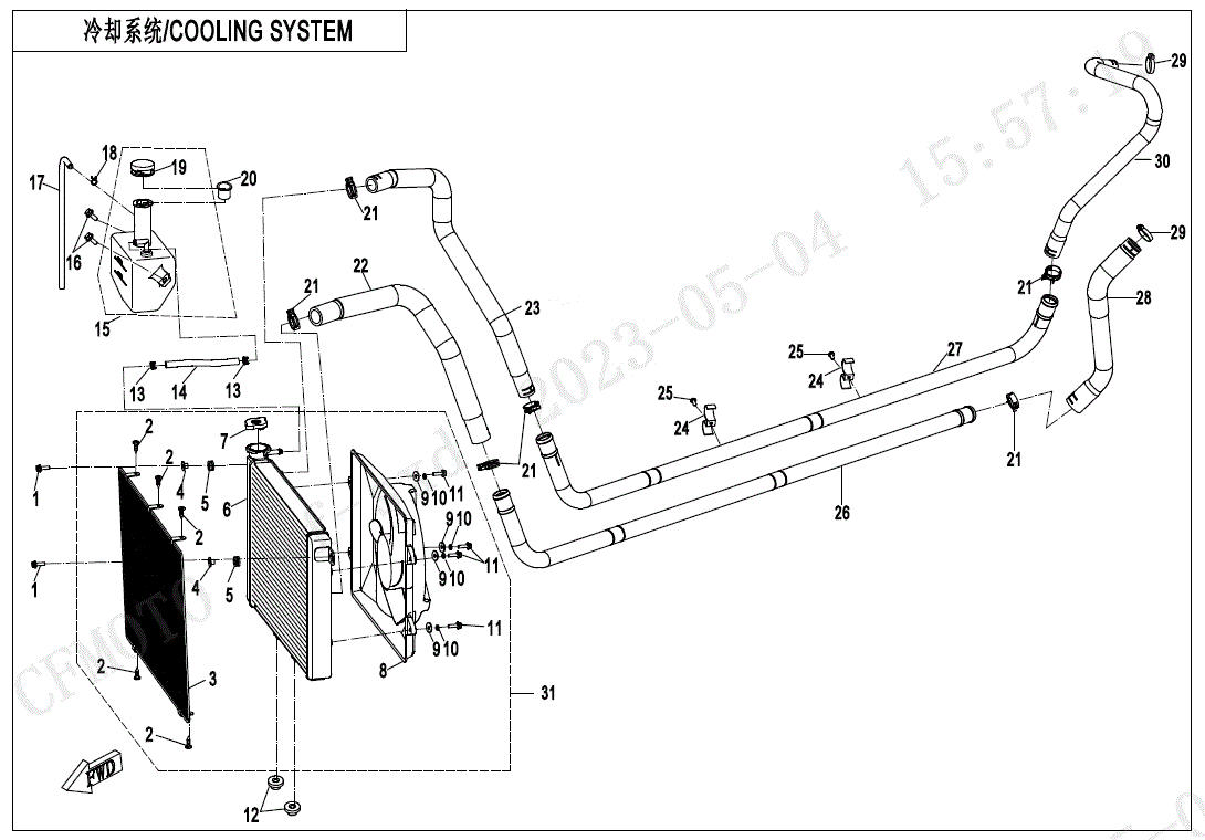 Diagram of a UTV & ATV cooling system with labeled components like the Water Outlet Pipe Aluminum by CF Moto—parts are numbered for assembly. Get genuine OEM parts at Witchdoctors.com.