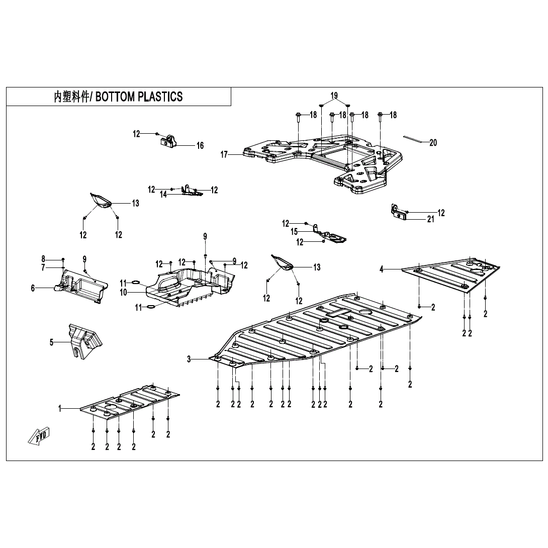 An Image of a Genuine CFMOTO Parts Schematic Diagram showing the schematic - BOTTOM PLASTICS - 2022 CFMOTO ZFORCE 950 EX