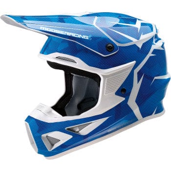 The F.I. Agroid Camo Helmet by Moose Racing features blue and white angular patterns, a sturdy polycarbonate shell, chin guard, and visor. Shown in a side view on a white background.