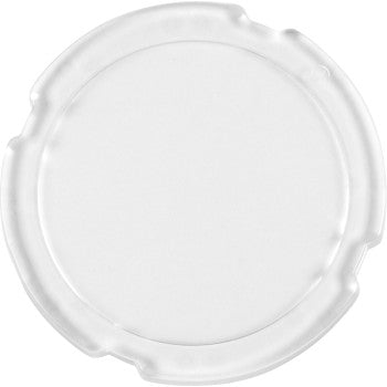 The Lens Clear Spot Light by Heretic is a round glass coaster with high light transmission, a slightly raised scalloped edge, and three subtle rim notches, shown on a white background.