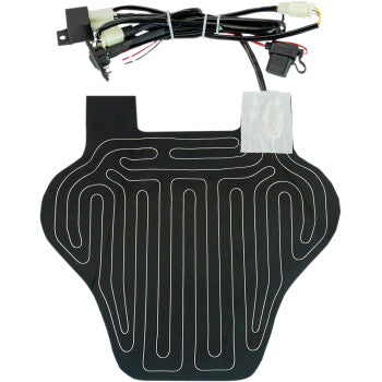 The Seat Heater Large by Saddlemen—a black, waterproof heated seat pad with visible electric heating wires, wiring harness, connectors, and dual-level switch—perfect for upgrading your bike seat or as a durable heated seat option.