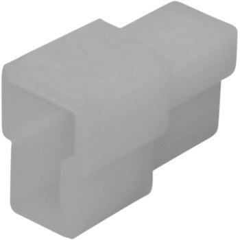 The 250 Series Connector 2 Position Male 5 Pack by Namz is a white plastic rectangular housing with a stepped shape and two parallel slots, designed for custom applications, shown angled against a plain background.