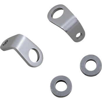 Two Mount - Micro Turn Signal - L-Bracket - Silver by Custom Dynamics with large and small holes are arranged diagonally beside two flat silver washers on a plain white background.