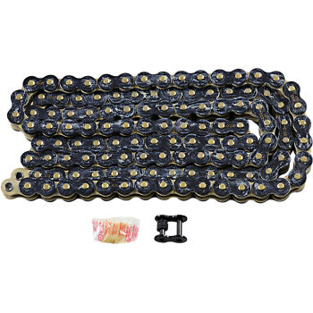 The 525 Max X Drive Chain 120 Links Black & Gold by RK, made in Japan for high tensile strength, is shown coiled with gold pins, a black connecting link, and a small lubricant packet.