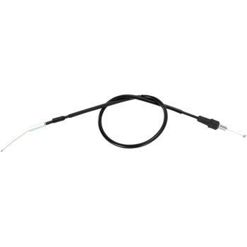 The Yamaha Black Vinyl Throttle Cable by Moose Offroad is shown coiled in the center, with its metal ends and UV-resistant black PVC outer jacket extending from both sides.