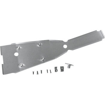 The Kawasaki Full Skid Plate by DG Performance is a flat silver metal bracket with multiple holes, bolts, screws, a T-bolt, and two small brackets, designed for easy engine protection—displayed on a white background.
