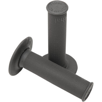 Two black All Diamond MX Grips Firm by Renthal with textured rubber and flared ends, designed for 7/8" bars. One grip stands upright, the other lies diagonally—ideal for bicycles or motorcycles, including twist throttle setups.