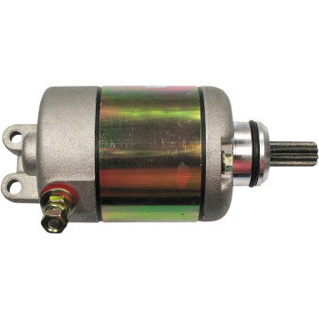 The KTM Starter Motor by Ricks Motorsport Electric features a cylindrical metallic body, two mounting holes on one end, and a toothed shaft on the other, with a shiny multicolored casing—ideal as an OEM replacement for various applications.