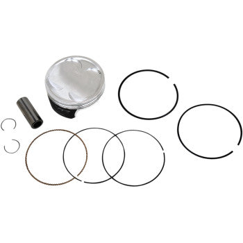 The Yamaha Piston Kit 103.00 mm by Wiseco for 4-stroke engines includes a piston, wrist pin, two circlips, and four piston rings on a white background. Made in the USA.