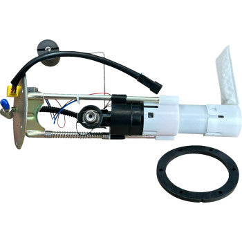 Long cylindrical Polaris fuel pump module assembly with white plastic housing, black motor section, metal mounting plate,.