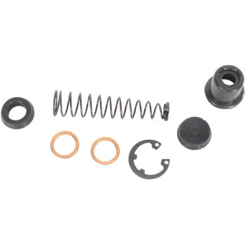 The Master Cylinder Rebuild Kit Front by Prox includes OEM parts like a coiled metal spring, two copper washers, a rubber grommet, a black cap, and extra black cylindrical pieces—perfect for brake master cylinder repairs.
