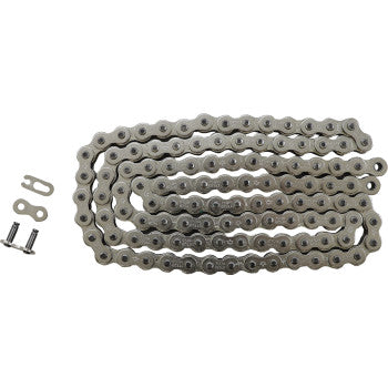 The 520 HDS Ultimate Competition Chain Nickel 110 Links by Jt Chains is a silver, high-quality chain arranged in a zigzag with two small connectors and a master link to the left, evoking the look of high-performance power transfer chains.