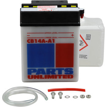 The Battery YB14A A1 by Parts Unlimited is a heavy-duty white battery with red and blue labels, including clear and red tubes, screws, washers, and a white acid pack in the background for reliable cranking power.