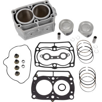Silver metal Polaris cylinder kit with two cylinders, two pistons, gaskets, seals, and piston rings laid out on white.