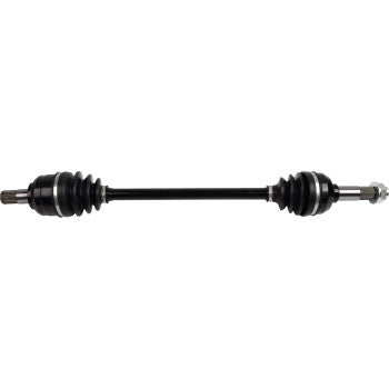 The Yamaha Axle Kit Complete Standard Front Left & Right RMAX by Moose Offroad features a black chrome-moly steel CV axle with precision-ground components, rubber boots on both ends, and metal joints, displayed on a white background.