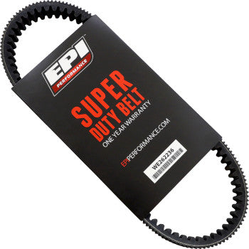 A black, toothed Drive Belt by Epi with aramid cord, in a black sleeve labeled Super Duty Belt - One Year Warranty, featuring a barcode and product code WE262236.