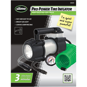 Packaging for the Compressor Heavy Duty by Slime includes a bright LED light, pressure gauge, green coiled hose, and quick-release coupler. Features rapid tire inflation in 3 minutes with a heavy-duty 12V compressor for dependable performance.