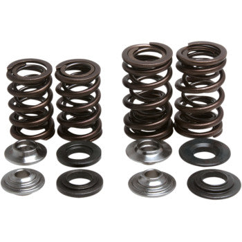 Four high performance valve springs from the Honda Valve Spring Kit 0.440 Lift by Kibblewhite are aligned above eight CNC-machined retainers and washers on a white background—ideal for turbocharged and precision engine builds.