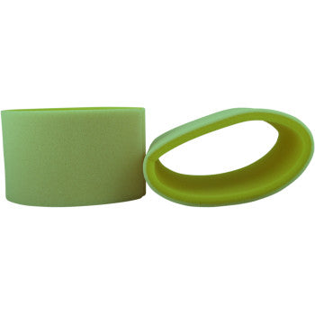 The image shows two Kawasaki Pre Oiled Air Filters by No Toil—one upright, one on its side to display the hollow interior—highlighting their durable foam construction.