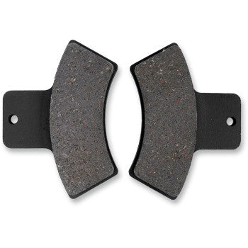 Two black, curved Polaris Brake Pads by Epi are shown side by side, each with a mounting tab and attachment hole. Designed as OEM replacement pads, theyre ideal for ATV use and are positioned to mirror one another.