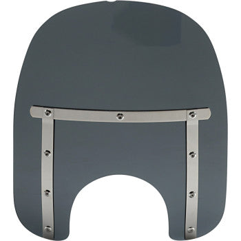 The Memphis Slim Windshield - 15 with a 7 headlight cutout in Dark Black Smoke by Memphis Shades features a tinted, curved design and reinforced mounting with two metal brackets and visible screws.