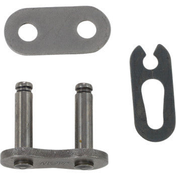 The 420 MX Connecting Chain Master Link by Prox includes three heat-treated metal parts: a flat plate with two holes, a U-shaped link with dual pins, and an oval clip with a slot—all essential for chain connection.