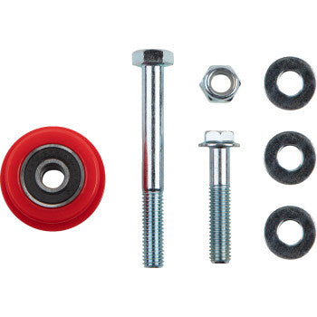 The Polaris - Honda - Yamaha - Chain Roller Red by T.M. Designworks is shown with two metal bolts, a nut, and three washers, all neatly arranged on a white background. The red roller features sealed bearings for smooth operation.
