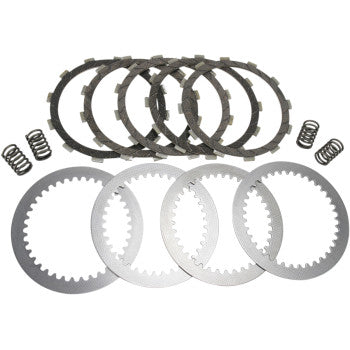 The Clutch Kit by Ebc features four metal plates, five friction plates, and four small clutch springs, all arranged neatly on a white background.
