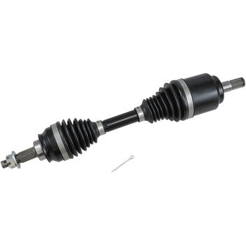 The Honda Foreman Rincon Axle Complete Heavy Duty Front Left by Demon is shown in black and silver with rubber boots on both ends, a tough chromoly steel design, and a small metal cotter pin, all set against a white background.