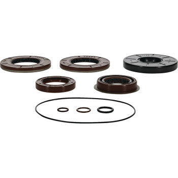 Polaris Transaxle Seal Kit by Moose Offroad—assorted brown and black circular oil seals and O-rings, neatly arranged in two rows on a white background; perfect choice for effective repair of oil leaks.