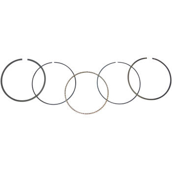 Six Kawasaki Piston Rings 76.00 mm by Wsm—five solid and one textured—are arranged in a horizontal line to display the cylinder order against a white background.