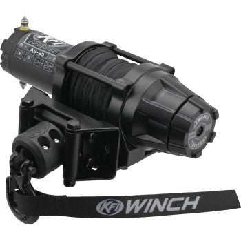 The AS-25 Assault Winch 2500lb by Kfi Products features a synthetic cable, mounting bracket, strap labeled WINCH on the hook, KF logo, and an electric contactor for reliable performance.