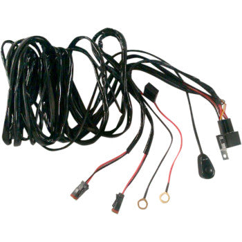 The Brite-Lites Wiring Harness with Switch, shown coiled with multiple connectors, ring terminals, and an attached relay in black, is ideal for LED light bars and photographed against a white background.