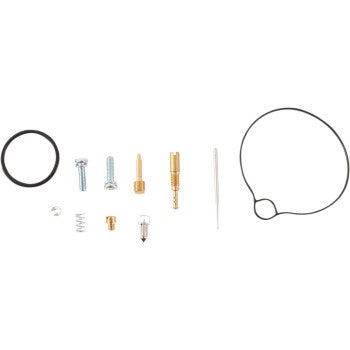 The Kawasaki Carburetor Repair Kit by Moose Offroad includes screws, jets, a needle, a spring, and two fuel-resistant NBR O-rings, all neatly arranged on a white background.