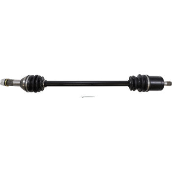 Black steel CV axle shaft with rubber protective boots on both ends and a small metal cotter pin below.
