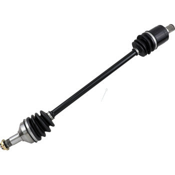 Black metal CV axle shaft with rubber boots and silver metal constant velocity joints on both ends.